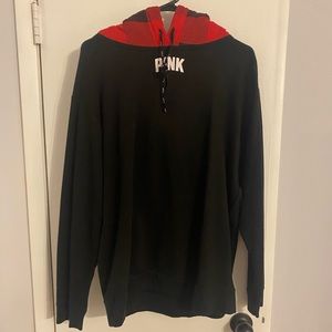 Pink Victoria’s Secret Black hoodie with red and black plaid hood size large.